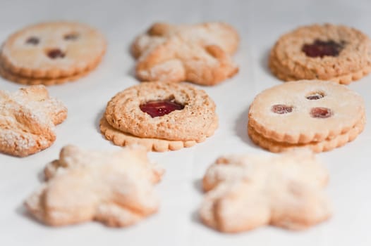 Cookies arranged in a row with shallow depth of field