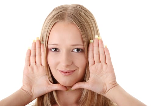 Young blond woman frame her face with hands