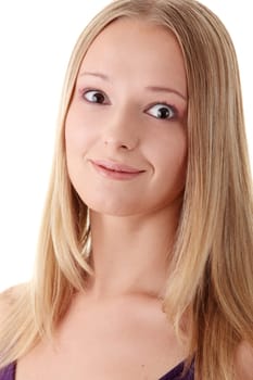 Closeup portrait of a happy young woman isolated on white background