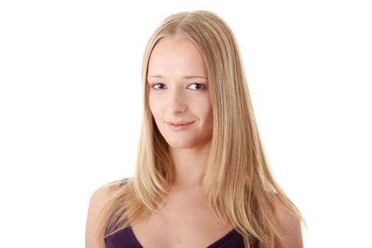 Closeup portrait of a happy young woman isolated on white background