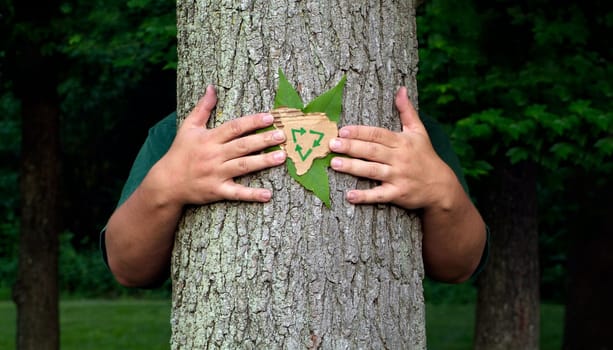 Environmental conservation concept: Hands holding green leaf and recycling symbol on recycled cardboard while hugging a tree