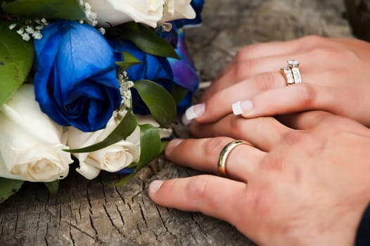 Just married couple showing their wedding rings