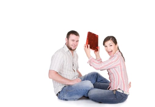 young loving couple together on white background