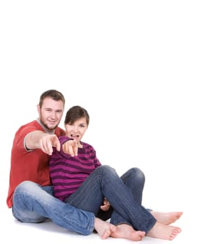 young loving couple together on white background