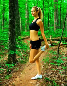 Blonde haired woman exercising, from a complete series of photos.