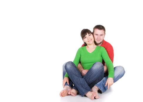 young loving couple together on white background