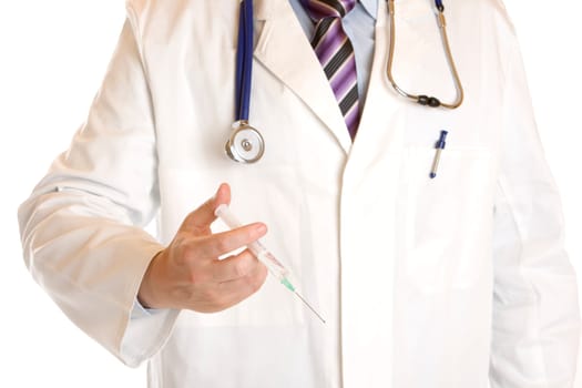 Medical doctor with injection and stethoscope