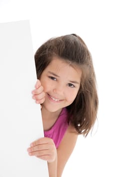 Cute Caucasian girl holding a blank sign