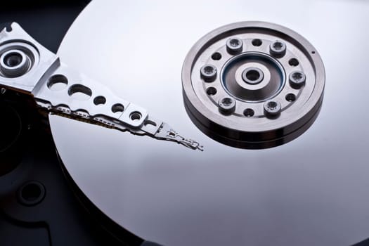 Closeup and macro view of hard drive inside