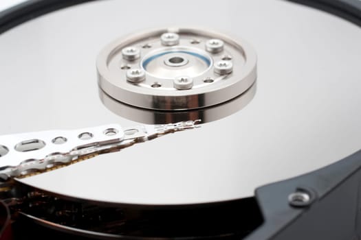 Closeup and macro view of hard drive inside