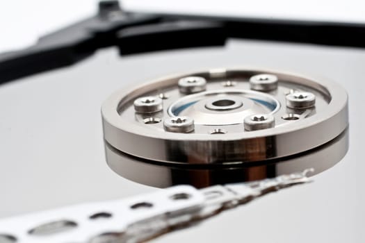 Closeup and macro view of hard drive inside