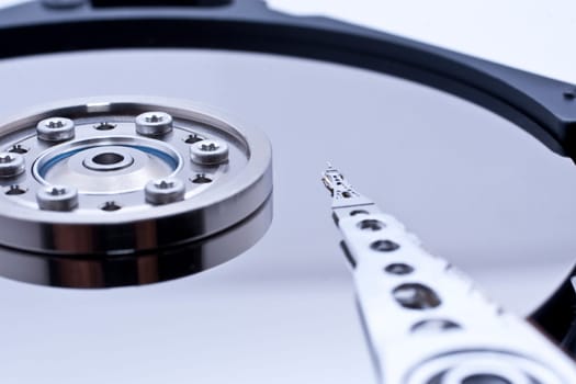 Closeup and macro view of hard drive inside