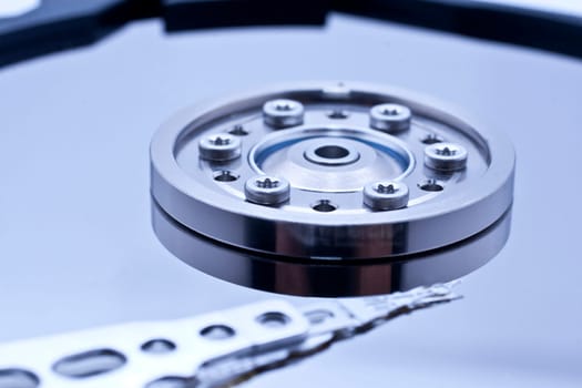 Closeup and macro view of hard drive inside