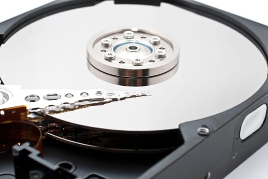 Closeup and macro view of hard drive inside