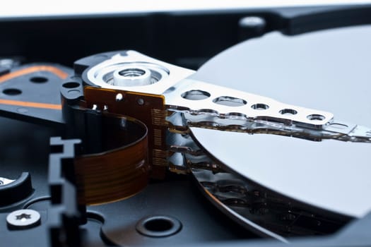 Closeup and macro view of hard drive inside
