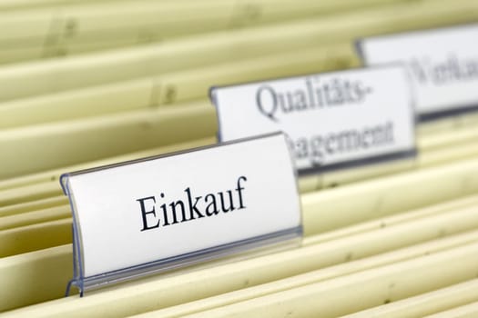 Close-up hanging folder "Einkauf"" which means ""Purchase"" in German"