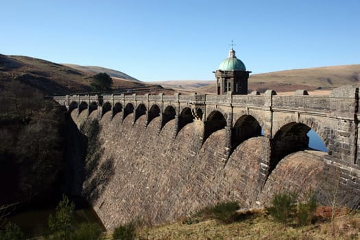 The dam of the Craig Goch reservoir, part of the Elan Valley reservoir system near Rhayader in mid-Wales.