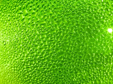 Water droplets formed from condensation inside a green bottle