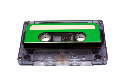 Compact Cassette isolated on white. Front perspective view