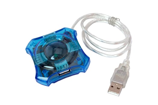 Four port blue USB hub, isolated on white background.