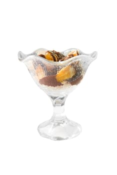 Orange in chocolate dessert on white