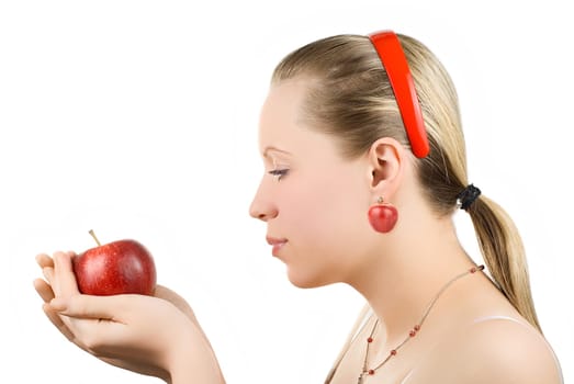 Lovely woman with apple isolated on white