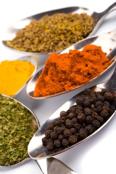 metal spoons with various ground spices on white background