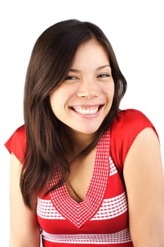 Cute smiling mixed asian / caucasian young woman. Isolated on white background.