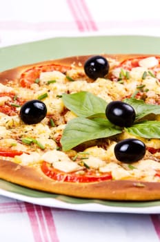 baked pizza served on a green plate