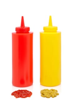 Ketchup and mustard bottles isolated on a white background
