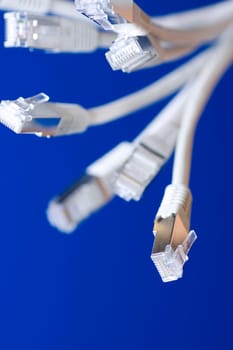 white utp cat5 network cables blue background
