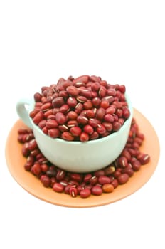 A white porcelain cup brimming with dried adzuki (red) beans, with a pale red saucer.
