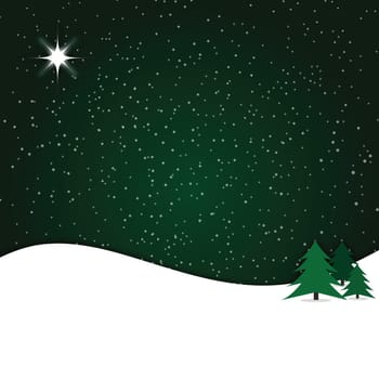 Graphic illustration of winter snow scene against dark green gradient background.
