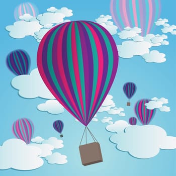 Colorful hot air balloons against a blue gradient sky with cartoon clouds.