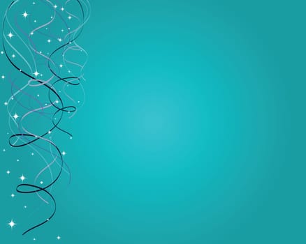 Multi-colored ribbons and white sparkles against a teal blue gradient background.