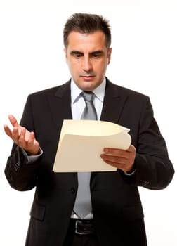 Businessman reads a document with query