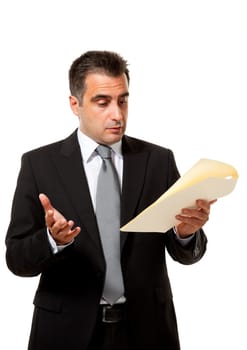 Businessman reads a document with query