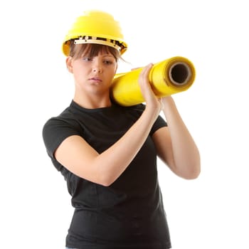 Young woman builder at work isolated on white