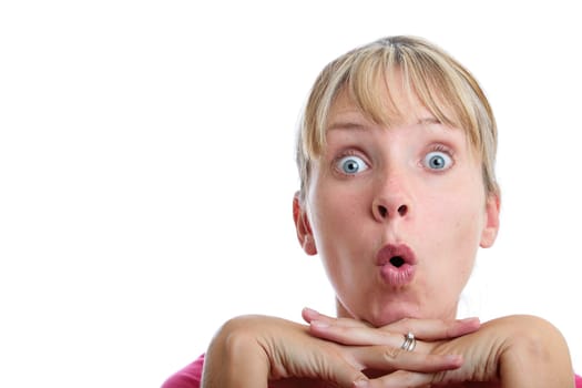 Surprised woman looking up with white background