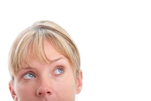 Surprised woman looking up with white background