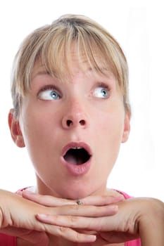 Surprised woman looking up with white background
