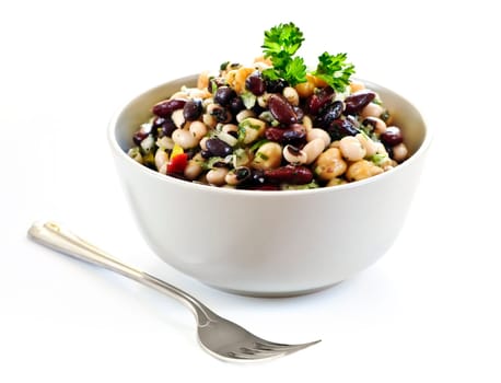 Isolated vegeterian salad of various beans in bowl close up