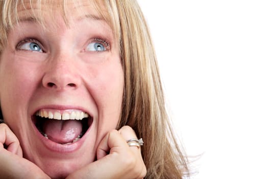 Surprised woman looking up with white background