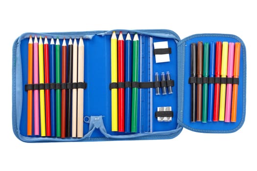 A blue pencil case isolated on white background