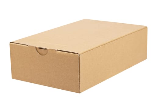 A cardboard box,  isolated on white background. Shallow depth of field