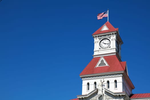 A close up of the historic courthouse tower in Corvallis, Oregon
