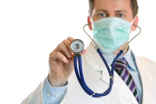 Medic with mask and stethoscope is ready for listening to heartbeat