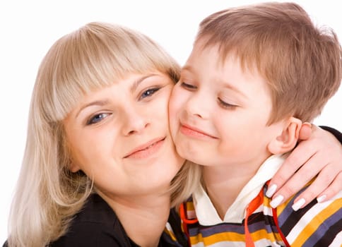 Portrait of happy mother and son, isolated