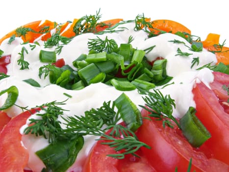 Vegetable salad of tomatoes, sweet peppers, spring onions, dill and sour cream