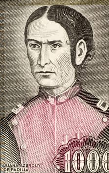 Juana Azurduy De Padilla on 1000 Pesos Bolivianos 1982 Banknote from Bolivia. Revolutionary and guerrilla leader during the South American war of independence at early 19th century.